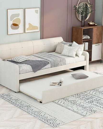 Upholstered Daybed with Pop Up Trundle, Twin Size Daybed with Trundle and USB Charging Ports, for Living Room Bedroom Guest Room, Beige - LeafyLoom