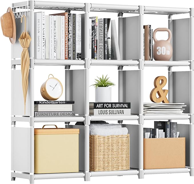 Mavivegue Book Shelf, 9 Cube Storage Organizer, DIY Bookcase, Metal Cube Bookshelf,Tall Book case for Bedroom, Living Room,Office,Closet Storage Organizer, White Cubicle Storage Rack - LeafyLoom