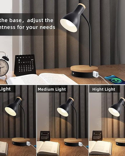 Metal Desk Lamp Wireless Charging Table Lamp Touch Reading Lights Arc Desk Lamps for Bedroom, 3 Way Dimmable Bedside Lamp with USB Charging Ports, Reading Lamp for Study Room and Office (Black-02) - LeafyLoom