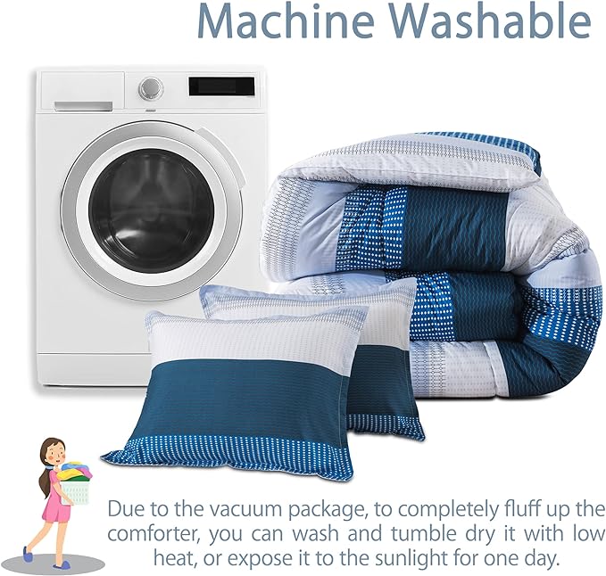 Andency Stripe Comforter Set Full Size (79x90 Inch), 3 Pieces Navy Patchwork Striped Comforter, Soft Microfiber Down Alternative Comforter Bedding Set with Corner Loops - LeafyLoom