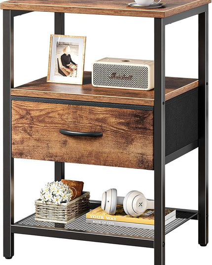Night Stand with Fabric Drawer, Side Table with Mesh Shelf, Bedroom Nightstand, Fabric Drawer Dresser, Open Shelf, Metal Frame, Couch Side, Rustic Brown - LeafyLoom