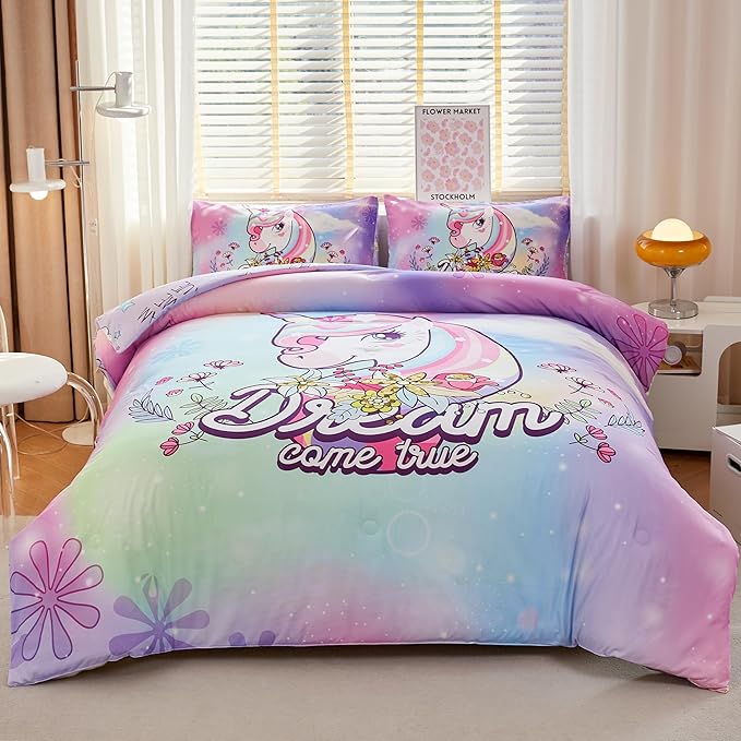 Unicorn Bedding Full,Teen Girl Comforter Set Full,Unicorn Comforter Set Full,Girls Room Decor with 2 Pillowcases,Full Size Comforter Set for Girls - LeafyLoom