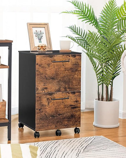 HOOBRO 2 Drawer Mobile File Cabinet, Rolling Printer Stand, Rolling Office Cabinet with 5 Wheels, Wooden Vertical Filing Cabinet fits A4/Letter Size for Home Office, Rustic Brown and Black BF03WJ01G1 - LeafyLoom