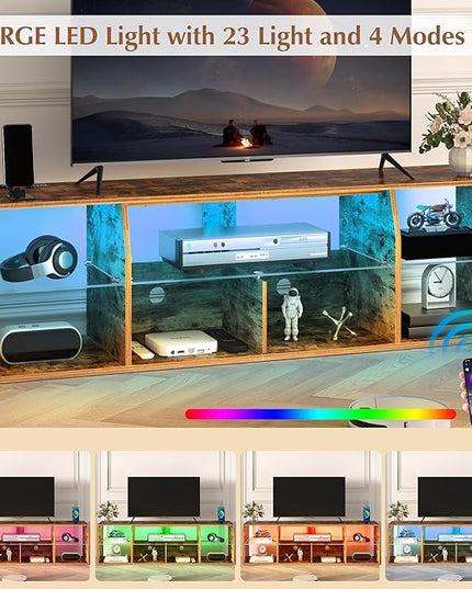 VECELO LED TV Stand with Lights & Power Outlet for 55 inch Gaming Entertainment Center with 7 Open Storage Shelves, Industrial Television Cabinet for Living Room, Bedroom, Retro Brown, 55inch - LeafyLoom