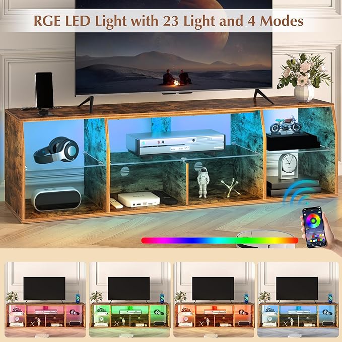VECELO LED TV Stand with Lights & Power Outlet for 65 inch Gaming Entertainment Center with 7 Open Storage Shelves, Industrial Television Cabinet for Living Room, Bedroom, Retro Brown, 65inch - LeafyLoom
