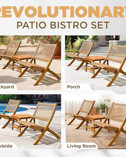 Twisted Wicker Wood Foldable Reclining Bistro Set - LeafyLoom