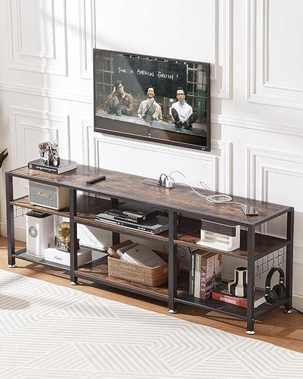 VECELO TV Stand with Power Outlets for Televisions Up to 70 Inch, Industrial Entertainment Center with 3-Tier Open Storage Shelves & 6 Hooks for Living, Bedroom and Gaming Room, 63 Inch, Brown - LeafyLoom