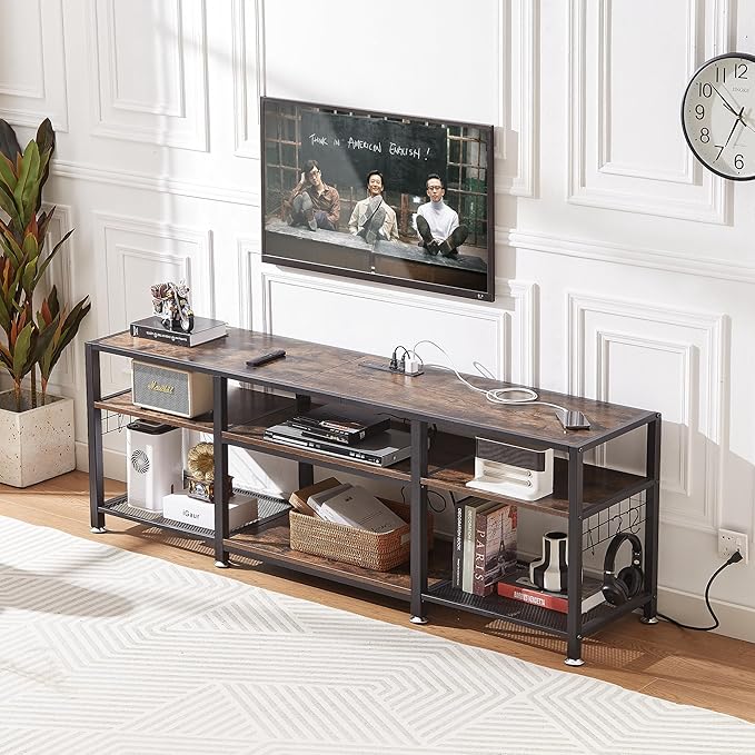 VECELO TV Stand with Power Outlets for Televisions Up to 70 Inch, Industrial Entertainment Center with 3-Tier Open Storage Shelves & 6 Hooks for Living, Bedroom and Gaming Room, 63 Inch, Brown - LeafyLoom