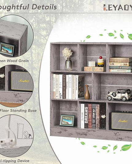 LEYAOYAO 8 Cube Bookshelf with Base,3 Tier Mid-Century Modern Grey Bookcase,Standing Wide Bookshelves Storage Organizer Shelf,Rustic Wood Display Cabinet Book Shelves for Bedroom,Living Room,Office - LeafyLoom