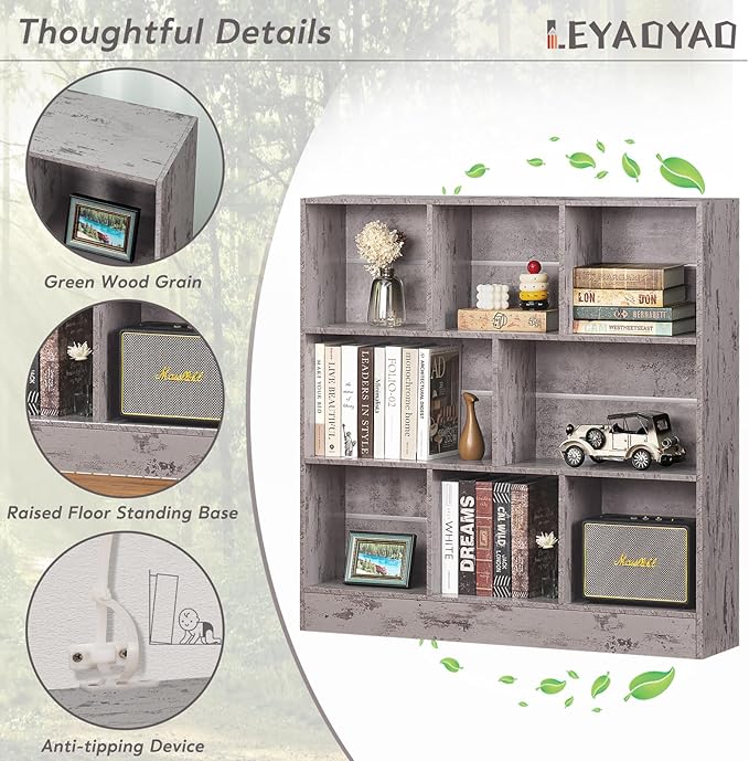 LEYAOYAO 8 Cube Bookshelf with Base,3 Tier Mid-Century Modern Grey Bookcase,Standing Wide Bookshelves Storage Organizer Shelf,Rustic Wood Display Cabinet Book Shelves for Bedroom,Living Room,Office - LeafyLoom