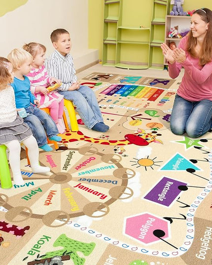 Kids Playroom Rug 4x6 Beige Rugs for Girls Bedroom Child Play Mat Educational and Fun Baby Care Rugs,Learning Rug with ABC Alphabets Animals Shapes No-Slip Carpets for Children Toddler Washable - LeafyLoom