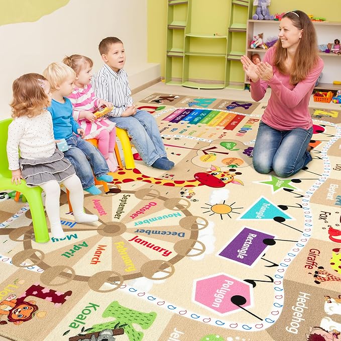 Kids Playroom Rug 4x6 Beige Rugs for Girls Bedroom Child Play Mat Educational and Fun Baby Care Rugs,Learning Rug with ABC Alphabets Animals Shapes No-Slip Carpets for Children Toddler Washable - LeafyLoom
