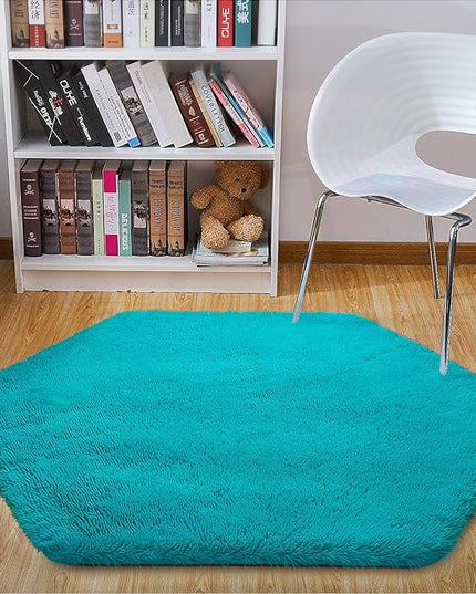 junovo Ultra Soft Rug for Nursery Children Room Baby Room Home Decor Dormitory Hexagon Carpet for Playhouse Princess Tent Kids Play Castle, Diameter 4.6 ft, Teal Blue - LeafyLoom