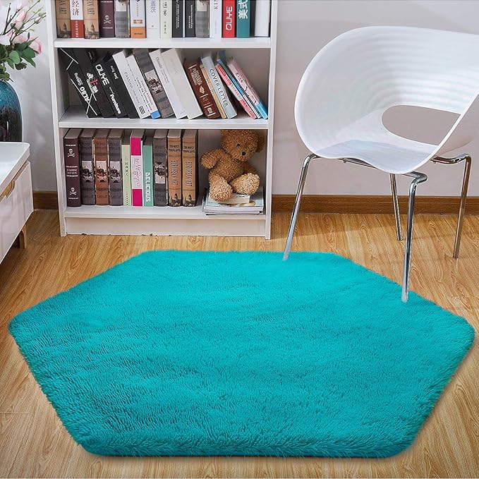 junovo Ultra Soft Rug for Nursery Children Room Baby Room Home Decor Dormitory Hexagon Carpet for Playhouse Princess Tent Kids Play Castle, Diameter 4.6 ft, Teal Blue - LeafyLoom
