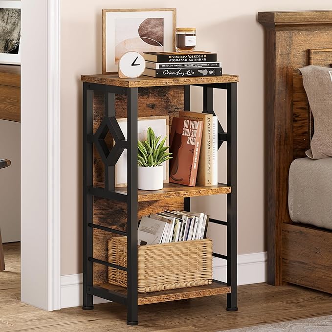 YITAHOME Small Bookshelf, 3 tier Farmhouse Bookshelf with Storage,Short Bookshelf for Small Spaces,Mini Shelf Stand,Open Bookcase for Bedroom Office Bathroom Living Room, Rustic Brown - LeafyLoom
