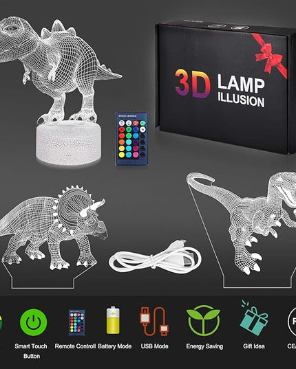 VSATEN Dinosaur Night Light for Kids, 3D Illusion Lamp 3-Pattern & 16 Colors Changing LED Dino Nightlight with Smart Touch & Remote Control, Dinosaur Gifts for Boys Girls Age 4 5 6+ Year Old - LeafyLoom