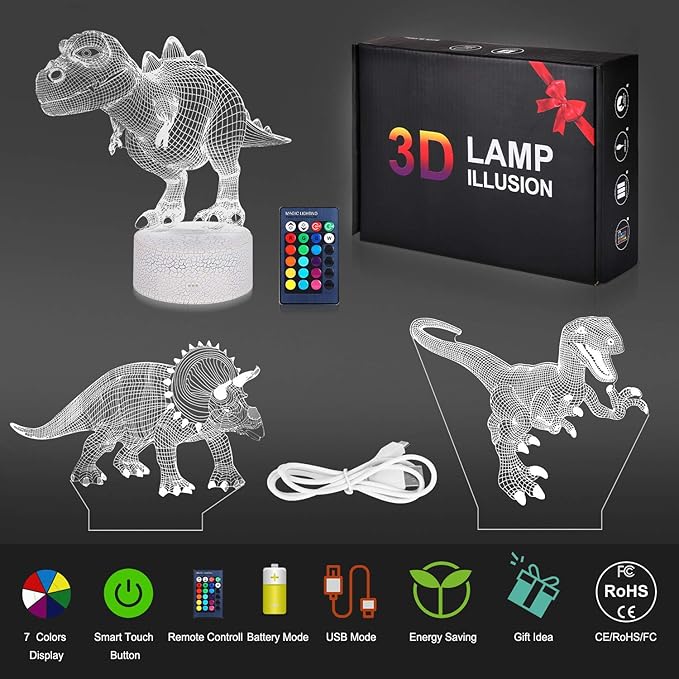 VSATEN Dinosaur Night Light for Kids, 3D Illusion Lamp 3-Pattern & 16 Colors Changing LED Dino Nightlight with Smart Touch & Remote Control, Dinosaur Gifts for Boys Girls Age 4 5 6+ Year Old - LeafyLoom