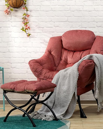 AcozyHom Fabric Lazy Chair with Foldable Ottoman, Accent Comfy Lounge Arm Chair and Folding Footrest Stool Set, Leisure Sofa Reading Chair and Footstool for Living Room, Bedroom, Dorm, Brick Red - LeafyLoom