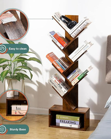 Yoobure Tree Bookshelf - 6 Shelf Retro Floor Standing Bookcase, Tall Wood Book Storage Rack for CDs/Movies/Books, Utility Book Organizer Shelves for Bedroom, Living Room, Home Office - LeafyLoom
