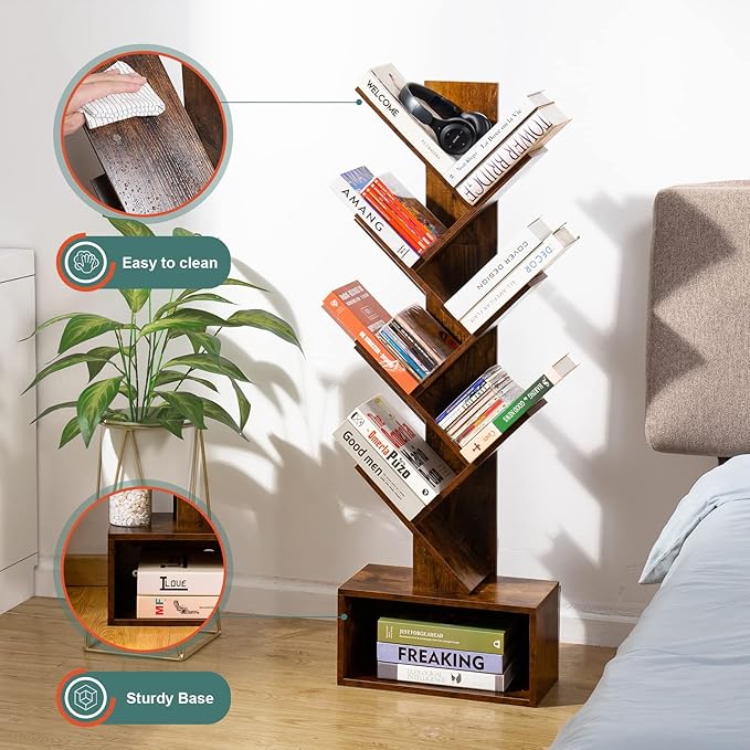 Yoobure Tree Bookshelf - 6 Shelf Retro Floor Standing Bookcase, Tall Wood Book Storage Rack for CDs/Movies/Books, Utility Book Organizer Shelves for Bedroom, Living Room, Home Office - LeafyLoom