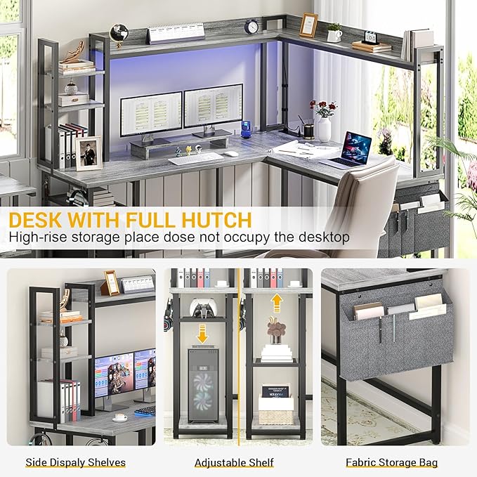 Aheaplus L Shaped Desk with Power Outlet, L Shaped Gaming Desk with Led Light & Hutch, Reversible Home Office Desk, Corner Computer Desk Writing Desk with Monitor Stand & Storage Shelves, White Oak - LeafyLoom