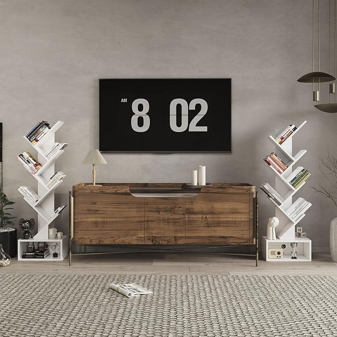 YMYNY 6 Tier Tree Bookshelf, Tall Bookcase, Wood Book Storage Rack with Drawer, Modern Floor Standing Book Shelf for Books/Movies/CDs, Utility Organizer for Living Room, Home Office, White UHBC016W - LeafyLoom