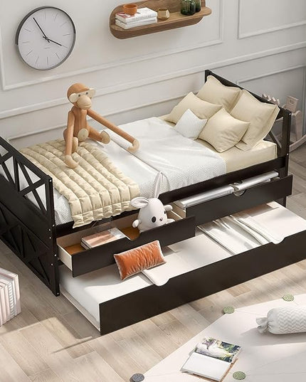 Twin Daybed with Storage Drawers and Trundle Bed, Wood Twin Size Captain’s Bed Frame for Bedroom Living Room Guest Room, Espresso - LeafyLoom