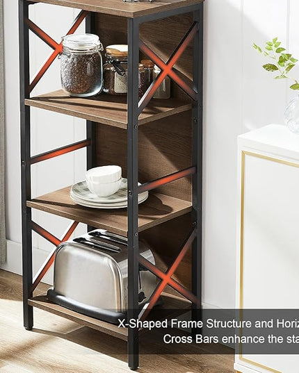 Bookcase, Industrial Small Bookshelf,4-Tier Narrow Bookcase Storage Organizer, Small Book Shelf for Small Spaces, Living Room, Bedroom and Home Office, Brown - LeafyLoom