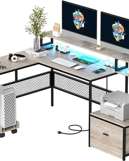 L Shaped Desk with Drawers, 66" Home Office Desk with Power Outlet and Led Strip, Reversible Computer Desk with Storage Shelves & Monitor Stand, Large Corner Desk Gaming Desk, Grey - LeafyLoom