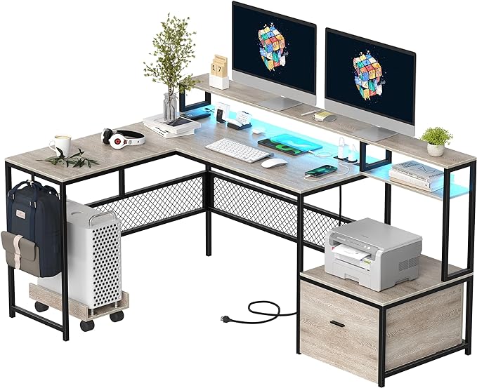 L Shaped Desk with Drawers, 66" Home Office Desk with Power Outlet and Led Strip, Reversible Computer Desk with Storage Shelves & Monitor Stand, Large Corner Desk Gaming Desk, Grey - LeafyLoom