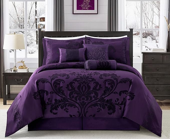 Chezmoi Collection 7-Piece Jacquard Floral Comforter Set (California King, Purple/Dark Purple) - LeafyLoom