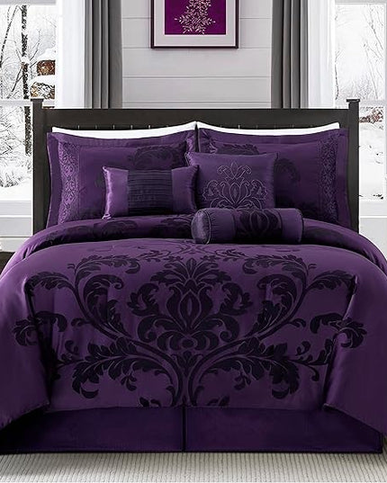 Chezmoi Collection Royale 7-Piece Jacquard Floral Comforter Set, Oversized King, Purple/Dark Purple - LeafyLoom
