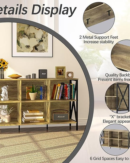 Horizontal Bookshelf Bookcase,6 Cube Storage Organizer with Open Shelf,47 Inch Industrial Low Wide Wood and Metal Cubby shelf,Long shelving unit for Home Office Living Room(Rustic Oak,6 Cube) - LeafyLoom