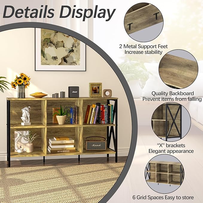 Horizontal Bookshelf Bookcase,6 Cube Storage Organizer with Open Shelf,47 Inch Industrial Low Wide Wood and Metal Cubby shelf,Long shelving unit for Home Office Living Room(Rustic Oak,6 Cube) - LeafyLoom