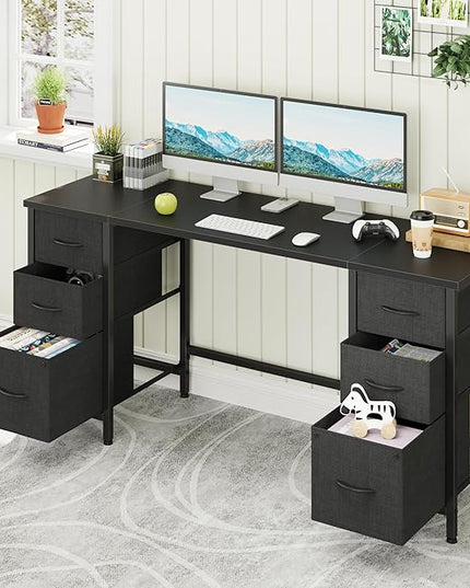 63'' Office Desk with 6 Fabric File Drawers - File Drawer Organization, Computer Work Desk, Study Writing Table, Home Office Workstation, Black - LeafyLoom