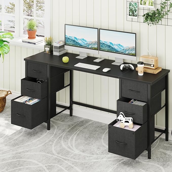 63'' Office Desk with 6 Fabric File Drawers - File Drawer Organization, Computer Work Desk, Study Writing Table, Home Office Workstation, Black - LeafyLoom