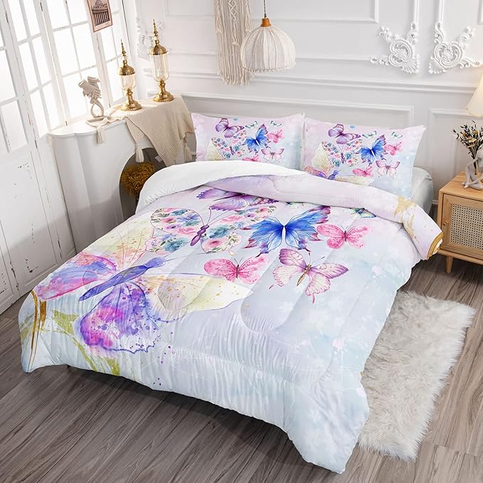 Datura home Watercolor Butterfly Comforter Bedding Set for Girls Kids Teens,Lightweight Colorful Floral Butterfly Printed Tie-dye with 2 Pillowcases(Watercolor Butterfly Full),Butterfly Purple - LeafyLoom