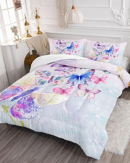 Datura home Watercolor Butterfly Comforter Bedding Set for Girls Kids Teens,Lightweight Colorful Floral Butterfly Printed Tie-dye with 2 Pillowcases(Watercolor Butterfly Twin),Butterfly Purple - LeafyLoom