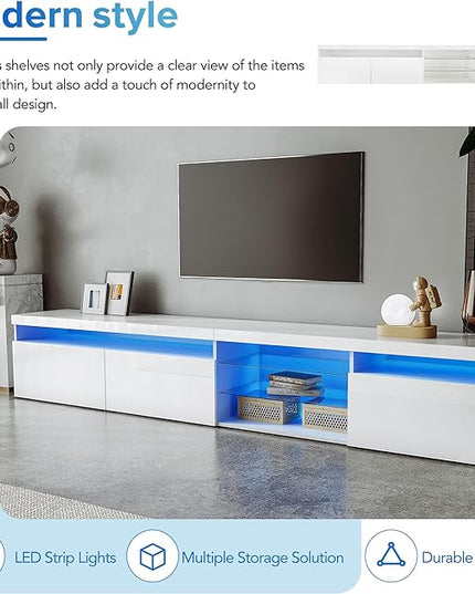 NicBex TV Stand for 100 Inch TV LED Gaming Entertainment Center Media Storage Console Table with 2 Glass Shelves and LED Color Changing Lights for Living Room,Bedroom,94.50 Inch,White - LeafyLoom