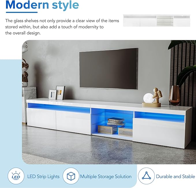 NicBex TV Stand for 100 Inch TV LED Gaming Entertainment Center Media Storage Console Table with 2 Glass Shelves and LED Color Changing Lights for Living Room,Bedroom,94.50 Inch,White - LeafyLoom