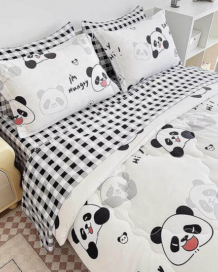 7 Piece Kids Panda Comforter Set Full Size - Black White Cute Panda Bedding Set Bed in A Bag for Girls Boys Teens - Soft Comfortable Machine Washable Bed Set - LeafyLoom