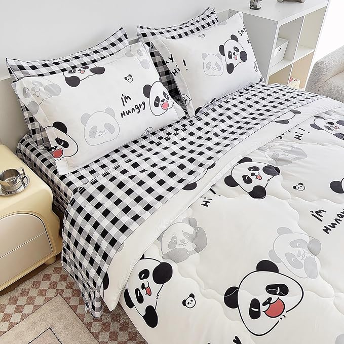 7 Piece Kids Panda Comforter Set Twin Size - Black White Cute Panda Bedding Set Bed in A Bag for Girls Boys Teens - Soft Comfortable Machine Washable Bed Set - LeafyLoom