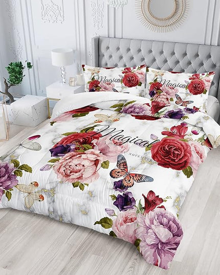 Butterfly Comforter Set for Girls Kids Adults Watercolor Butterfly Rose Bedding Set Aesthetics Butterflies Quilt Duvet Set Full Size with 1 Comforter and 2 Pillowcases - LeafyLoom