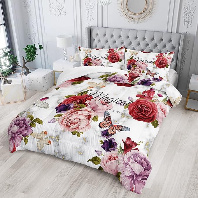 Butterfly Comforter Set for Girls Kids Adults Watercolor Butterfly Rose Bedding Set Aesthetics Butterflies Quilt Duvet Set Full Size with 1 Comforter and 2 Pillowcases - LeafyLoom