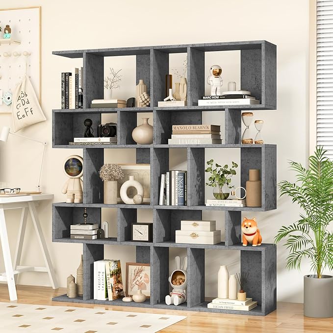 Giantex 5-Tier Geometric Bookshelf, 70" Tall Wood Freestanding Decorative Display Open Shelves with Anti-Tipping Device, Each Shelf Holds up to 44 lbs, Wooden S Shaped Bookcase, Gray - LeafyLoom