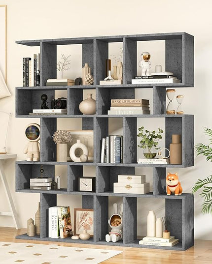 Giantex 5-Tier Geometric Bookshelf Set of 2, 70'' Tall Wood Freestanding Decorative Display Open Shelves with Anti-Tipping Device, Each Shelf Holds up to 44 lbs, Wooden S Shaped Bookcase, Gray - LeafyLoom