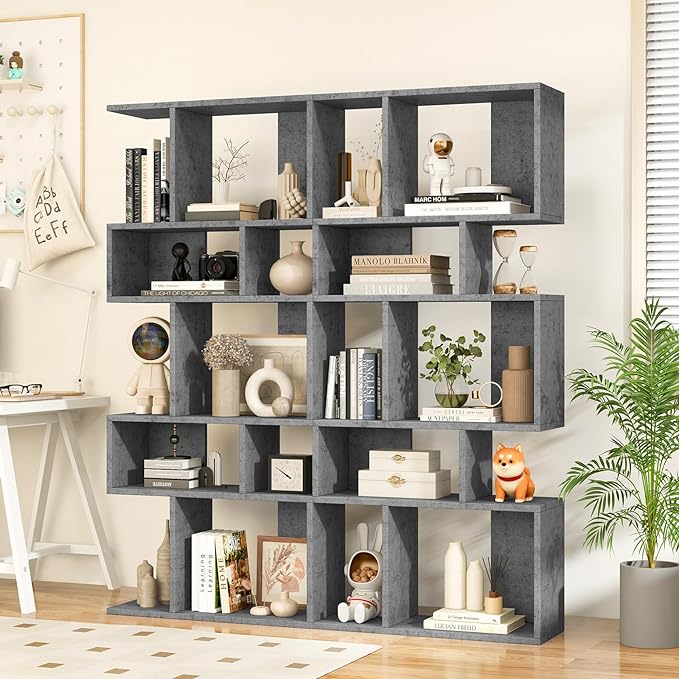 Giantex 5-Tier Geometric Bookshelf Set of 2, 70'' Tall Wood Freestanding Decorative Display Open Shelves with Anti-Tipping Device, Each Shelf Holds up to 44 lbs, Wooden S Shaped Bookcase, Gray - LeafyLoom