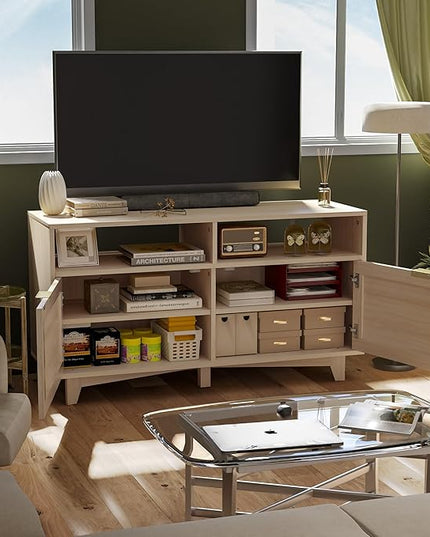 SRIWATANA TV Stand for Televisions up to 55 Inch, Wooden TV Cabinet with 2 Rattan Doors, Entertainment Center with Storage, Media Furniture for Living Room, Bedroom, Oak - LeafyLoom