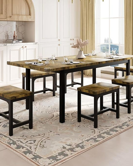 Feonase 7-Piece Dining Table Set with 6 Stools, 63" Large Extendable Kitchen Table Set for 4-8, Mid-Century Dining Room Table with Heavy-Duty Frame, Easy Assembly, Rustic Brown - LeafyLoom