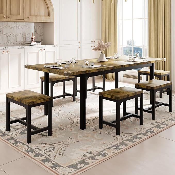 Feonase 7-Piece Dining Table Set with 6 Stools, 63" Large Extendable Kitchen Table Set for 4-8, Mid-Century Dining Room Table with Heavy-Duty Frame, Easy Assembly, Rustic Brown - LeafyLoom